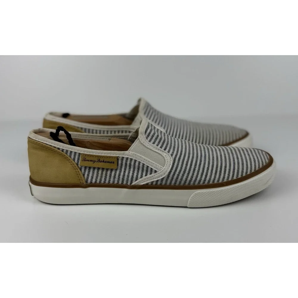 Tommy Bahama Slip On Sneakers Striped Canvas Tan Women's Size 8.5